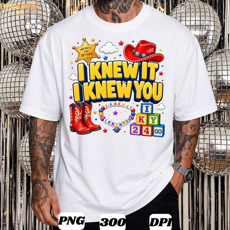 May include: A white t-shirt featuring a graphic print with the text I KNEW IT I KNEW YOU in yellow, a gold sheriff star, a red cowboy hat, red cowboy boots, a colorful beaded necklace, and stacked alphabet and number blocks in primary colors.