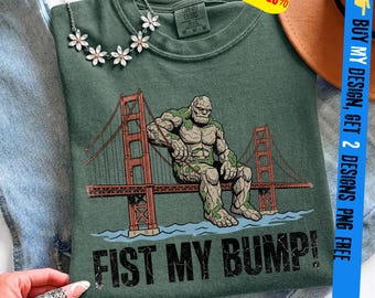 Fist My Bump Funny Sci-Fi Space PNG with Bridge Design,Vintage Stone Golem Graphic Tee, Funny Golden Gate Bridge Retro Comic,