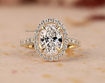 Oval Cut Lab Grown Diamond Halo Engagement Ring, 14k Solid Gold, IGI Certified, Round Side Diamond Ring, Anniversary Gift Ring For Wife