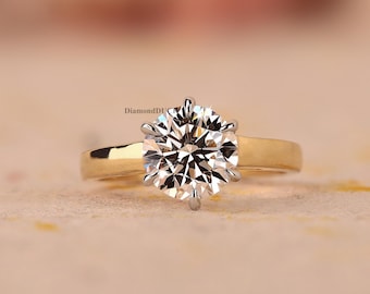 Round Cut Solitaire Ring, Lab Grown Diamond Engagement Ring, 14K Solid Gold, Six Prong Setting, Anniversary Gift, Proposal Ring For Her
