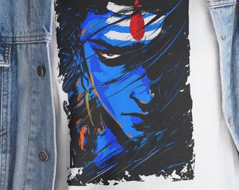 青いシヴァ神の肖像画Tシャツ｜ヒンドゥー教の神々のグラフィックTシャツ、スピリチュアルなアートワーク