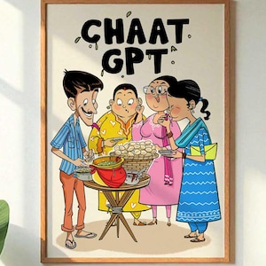 Chaat GPT Gol Gappe Gyaan Wall Art – Funny Indian Street Food Illustration, Desi Pani Puri Humor Poster, Digital Download A1–A5