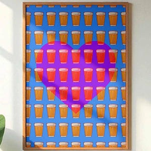 May include: A framed art print featuring a repeating pattern of beer glasses on a blue background, with a large purple heart shape in the center. The glasses alternate between amber and red hues. The frame is made of wood.