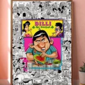 Puede incluir: Una impresión de dibujos animados enmarcada con una ilustración central de un hombre comiendo sandía, con el texto "Dilli Fir Barbadar". La impresión está rodeada por un collage en blanco y negro de personas y escenas, con un fondo rosa y amarillo.