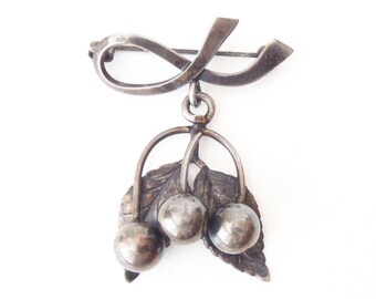 Sterling Silver Danish Dangle Brooch: Leaves, Berries, Ribbon John Lauritzen Signed “JOHN L” 1960s Midcentury Copenhagen Denmark Silversmith