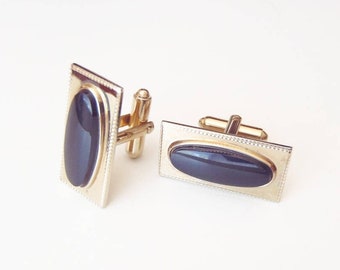 Vintage Gold-Toned Cuff Links w/ Black Cabochons Signed Shields - Light Gold Color Rectangles w/ Elongated Black Glass Ovals 1950s Cufflinks