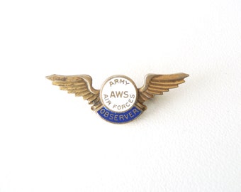 Civilian Wings Badge .925 Aircraft Warning Service AWS US Army Air Forces W W II Homefront Sky Watch 1941-44 Enemy Aircraft + Foo Fighters