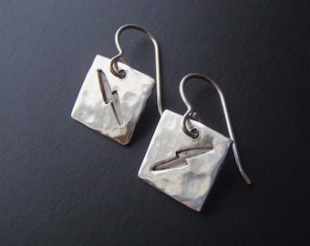 Sterling Silver Earrings Lightning Bolts or Sparks: Hammered Surface Stamped Symbols Pierced Wires New Handcrafted Jewelry Lively Dangles