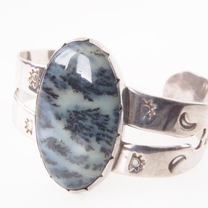 Vintage Handmade Plume Agate & Sterling Silver Cuff Bracelet w/ Stamped Hearts Moons Sunrises Large Cabochon Pale Blue-Gray w/ Black Plumes