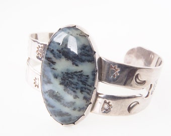 Vintage Handmade Plume Agate & Sterling Silver Cuff Bracelet w/ Stamped Hearts Moons Sunrises Large Cabochon Pale Blue-Gray w/ Black Plumes