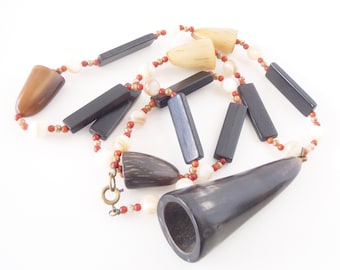 African Pendant Necklace—Eclectic & Exotic: Cattle Horn Tips, Ebonized Wood, Red Glass Trade + Agate Beads w/ Large Cow Horn Tip Pendant