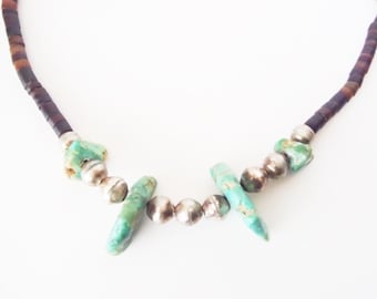 Vintage Handmade Pen Shell Heishi - Sterling Silver Beads - Turquoise Nuggets Necklace Colorful Primitive Bohippie Look Brown Blue Silver