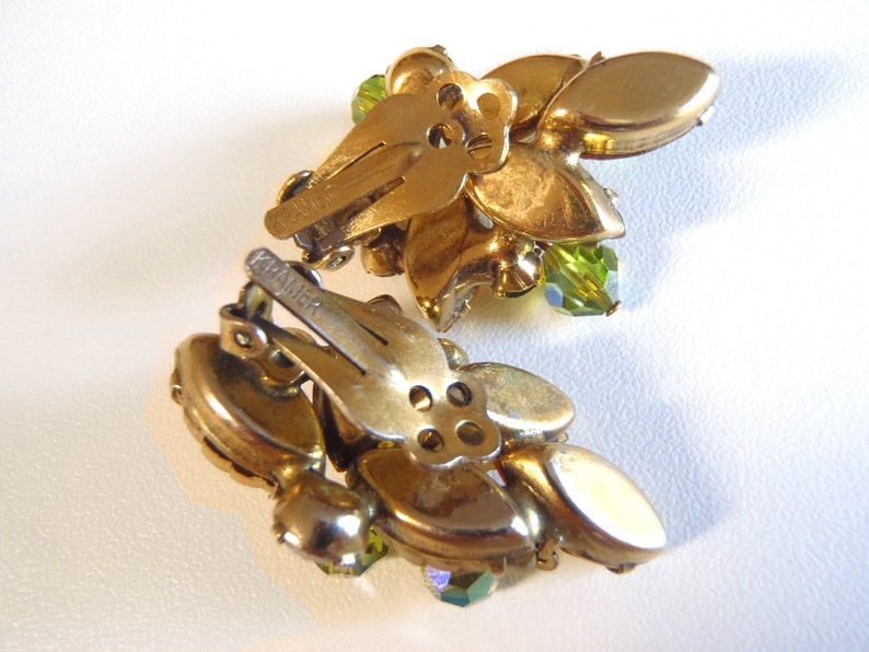 Vintage Kramer Clipon Earrings Amber Tone & Green Rhinestones Etsy