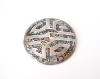Brooch - Pendant Mexican Convertible Sterling & Abalone Inlay Geometric Design on Large Domed Disk Green + Pink Iridescent Shell Signed HJA