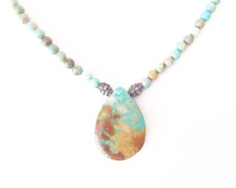 Vintage Turquoise and Matrix Stone Bead Necklace w/ Teardrop Pendant: Real Turquoise + Brown-Tan Matrix Small Round Beads on Stainless Wire