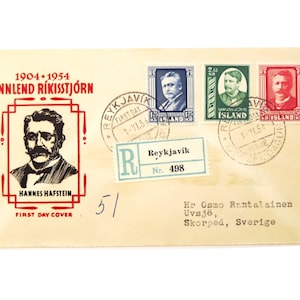 Iceland 1954 Registered First Day Cover Hannes Hafstein Cacheted FDC Island to Sweden 3 Stamp Set Scott # 284 - 286 Facit 327 - 329