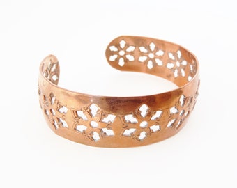 Vintage Copper Cuff Bracelet w/ Cut-out Floral Motif – Delicate Pierced Blossoms w/ Stamped Details on Convex/Domed Copper Band
