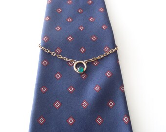 Swank Tie Bar “Cravat Holder” Vintage 1930s Gold Tone Necktie Clip w/ Blue-Green Glass Cabochon Accent Depression Era Men’s Fashion