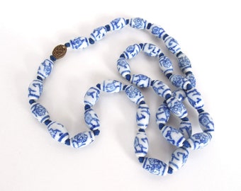 Antique Chinese White Porcelain and Cobalt Blue Glaze Bead Necklace Hand Knotted and Hand Painted Beads with Elegant Asian Floral Motif