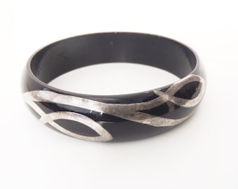 Vintage 1930s Lucite Bangle Bracelet Black with Silver Overlay Stylized Vine Design Handcrafted Early Plastic & Silver Jewelry Pre-WWII Era