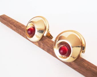Vintage Foster Cuff Links : Atomic Modern Space Age Cufflinks Goldtone & Small Round Red Lucite Cabochons Midcentury Modernist Spirals