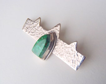 Handcrafted Unique Chrysocolla & Sterling Silver Brooch Pin Gothic Revival Style Blue Green Minerals Stone Hammered Silver OOAK Jewelry