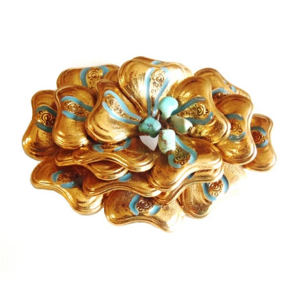 Signed Walter Lampl Flower Brooch 1930s Cascading Petals of Gold Toned Metal with Turquoise Beads in Center Large Oval Stylized Blossom Pin