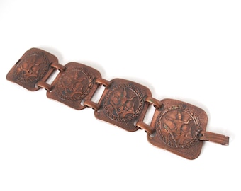 Vintage 1950s Copper Panel Bracelet Siam Copper Repoussé Bracelet Dancer Thailand Exotic Jewelry Large Decorative Squares Linked