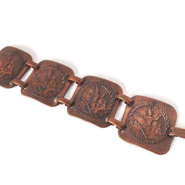 Vintage 1950s Copper Panel Bracelet Siam Copper Repoussé Bracelet Dancer Thailand Exotic Jewelry Large Decorative Squares Linked