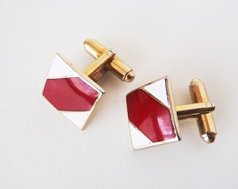 Vintage Cuff Links: Red Stripe on White Champlevé Enameled Gold-Toned Squares, Well-Made Unsigned Cufflinks, Simple Clean Design