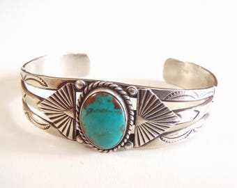 Navajo Turquoise & Sterling Silver Bracelet Native American Southwest Cuff Sunrise Triangles, Hand Stamped Sunrays and Hearts, Blue Cabochon