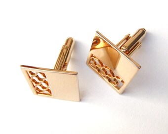 Vintage 1950s Gold Tone Cuff Links Squares Cut-Out Design Hinged Back Cufflinks Smart Business Wear Sophisticated Midcentury Mens Accessory