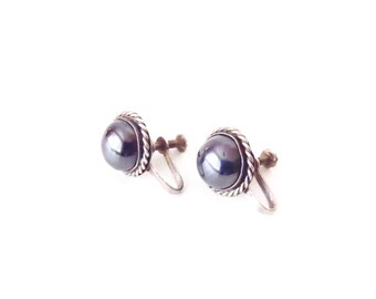 Vintage Earrings Mexican Silver & Hematite Domes w/ Twisted Wire Edges: Pre-1948 Handmade Rancho Style Old Mexico Screw Back Clamp-ons