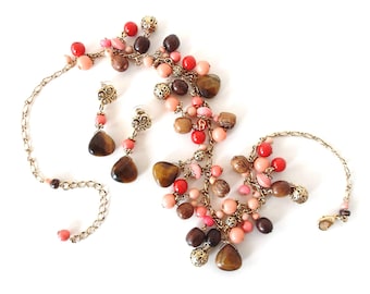 Vintage Tiger’s Eye, Pink and Brown Beads Necklace on Gold Tone Chain w/ Post Dangle Earrings Set - Lovely Light Warm & Colorful Demi Parure