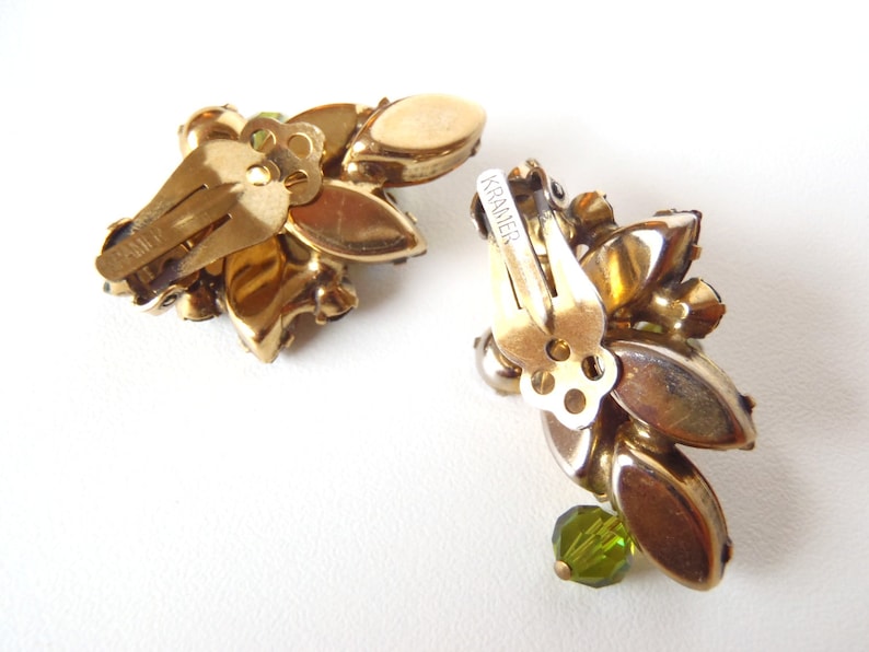 Vintage Kramer Clipon Earrings Amber Tone & Green Rhinestones Etsy