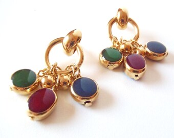 Vintage Goldtone Post Dangle Earrings Bezel-Set Cabochons of Green Red and Blue Lucite Hanging from Golden Hoops Fun, Light-Weight Jewelry