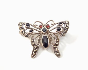 Vintage Sterling Silver Butterfly Brooch Marcasite Black Onyx & Garnet Art Deco Style Pin Marked 925 A Delicate Filigree Look Silver Jewelry
