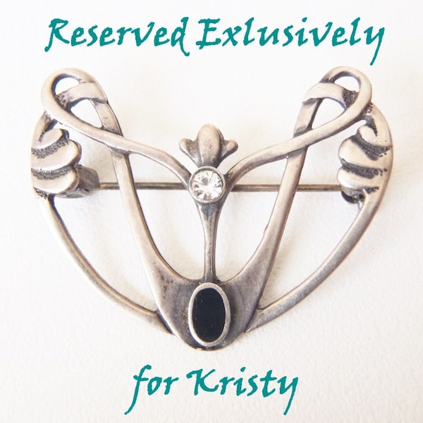 RESERVED for KRISTY Vintage Sterling Silver Brooch Art Nouveau Style Tiny Iridescent Facetted Stone and Black Jet Flat Oval Graceful Curves