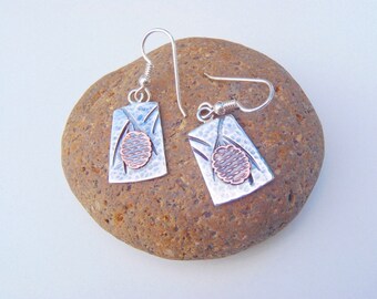 Sterling Silver and Copper Pine Cone Earrings Hammered, Stamped Mixed Metals Rustic Arts & Crafts Style New Handmade Jewelry, Pierced Ears