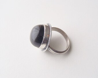 Obsidian & Sterling Silver Ring Size 5 New Handcrafted Jewelry Light Gray California Obsidian Round High Dome Cabochon Plain Simple Setting