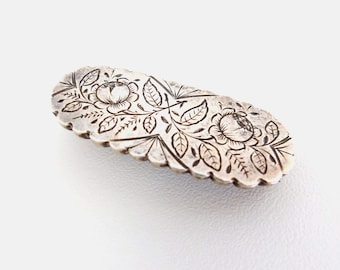 Antique Victorian Silver Brooch Pin Scalloped Oval w/ Hand-Engraved Blossom and Leaf Delicate Floral Design 19th Century Jewelry