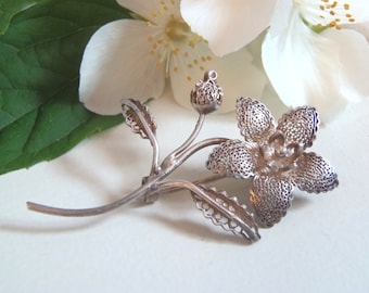 Vintage Silver Filigree Flower Brooch Pin - Stamped 950 Silver - Delicate Detail Silver Flower and Leaves Beauty in Nature