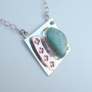Handcrafted Turquoise Sterling Silver Necklace Mixed Metals Unique Stamped Pendant with Sterling Chain Pale Blue Green Spiderweb Turquoise