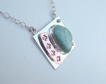 Handcrafted Turquoise Sterling Silver Necklace Mixed Metals Unique Stamped Pendant with Sterling Chain Pale Blue Green Spiderweb Turquoise