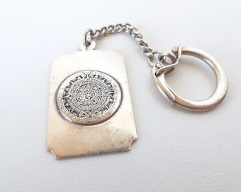 Aztec Calendar Keychain — .930 Sterling+ Silver Accessory Rectangular Fob w/ Mexico’s Iconic National Symbol, the Cuauhxicalli Sun Stone