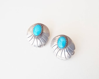 Vintage Sterling Silver Post Earrings Signed Tony Guerro—Shell Motif Studs by Navajo Diné Master Silversmith Deep Blue Turquoise Cabs 1970s