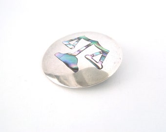 Libra Scales Brooch or Pendant Mexican Convertible Jewelry: Sterling silver & Colorful Iridescent Abalone Inlay of a Libra Astrological Sign
