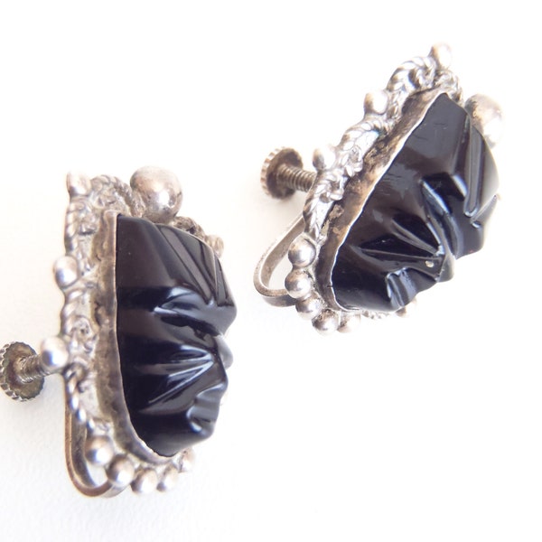 1940s Vintage Silver Mexico Earrings: Screwbacks Silver w/ Carved Black Obsidian Aztec Mask Motif Iconic Mexican Vacation Jewelry Pre-1948