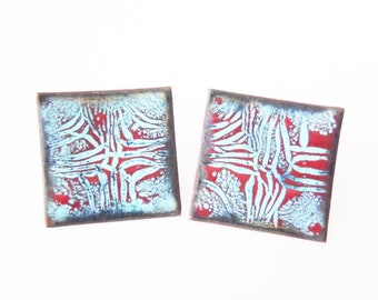 Art Enamel Earrings 1950s Vintage Screwbacks Handmade Enamel on Copper Concave Squares—Pale Blue on Red Abstract Design Arty Beat Era Style