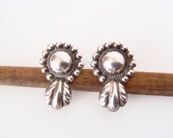 Vintage Mexican Silver Dome w/ Beaded Edge & Extended Repoussé Design: Pre-1948 Handmade Rancho Style Old Mexico + Posts for Pierced Ears
